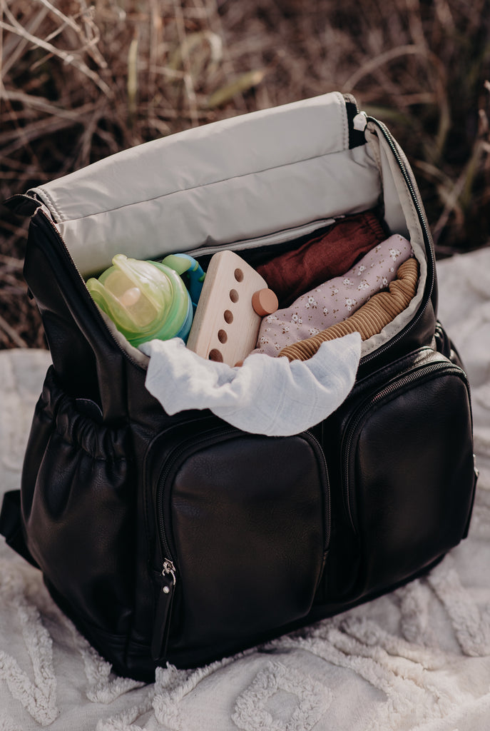 OIOI Backpack Black Faux Leather Baby Nappy Bag Husk and Will